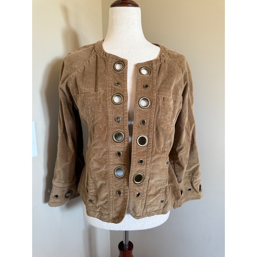 ICNL Corduroy Jacket Grommet Embellished Three Quarter Sleeve Brown Size‎ PS